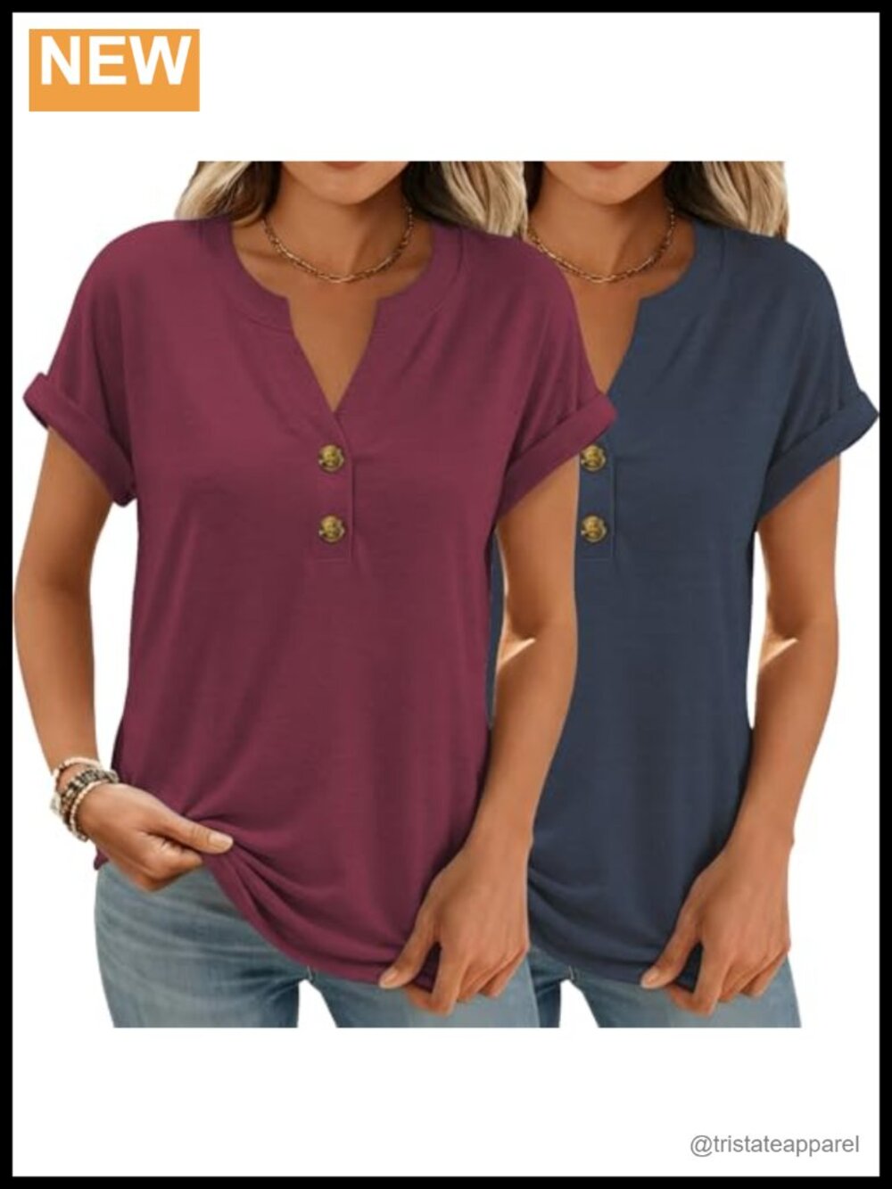 Womens Henley V-Neck Short Sleeve T-Shirt Casual Loose Fit Summer Top